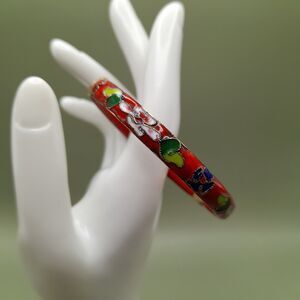 Vintage Asian Gold Trim Red Floral Cloisonné Hinged Bangle Bracelet, 7 1/4 Inch